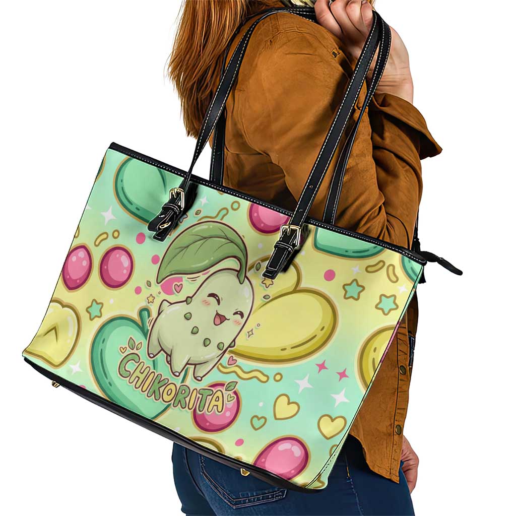 Chikorita Leather Tote Bag Vibrant Pastel Leaf Pop Art