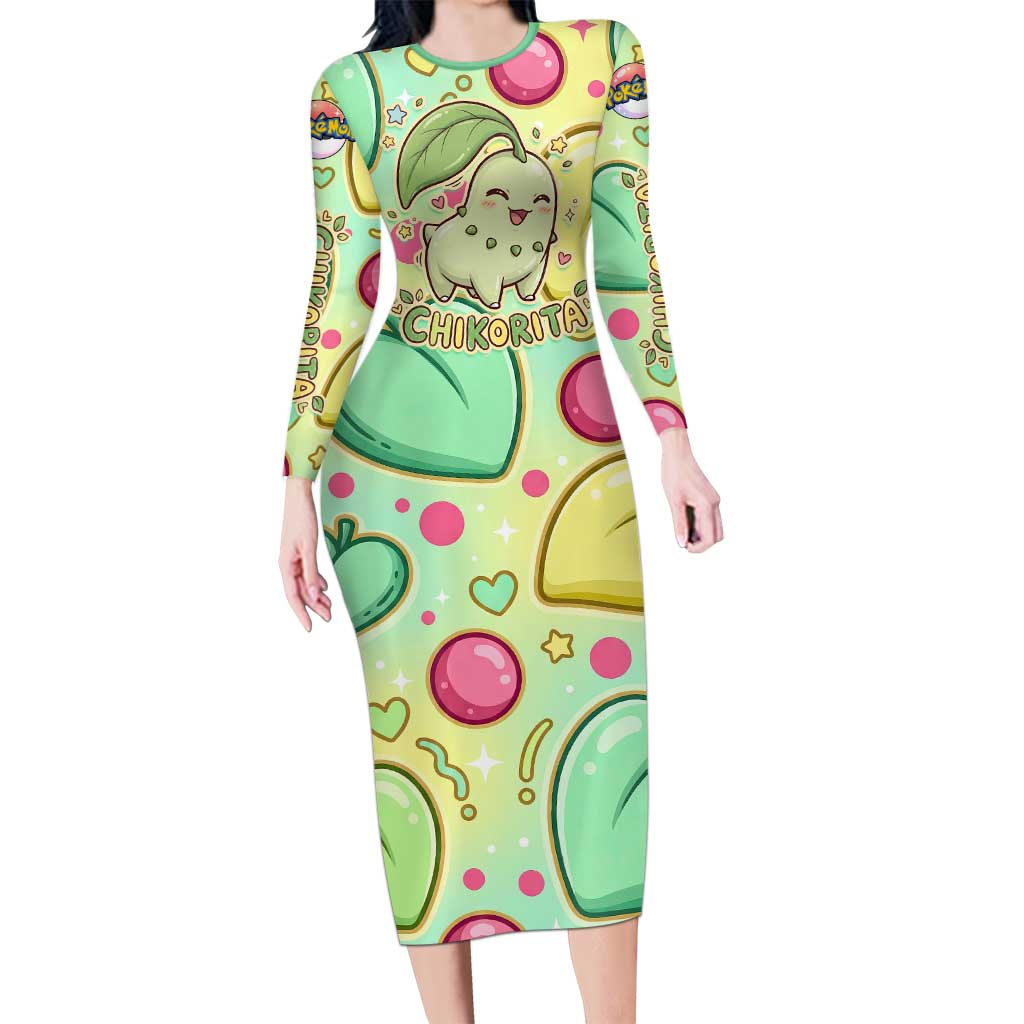 Chikorita Long Sleeve Bodycon Dress Vibrant Pastel Leaf Pop Art