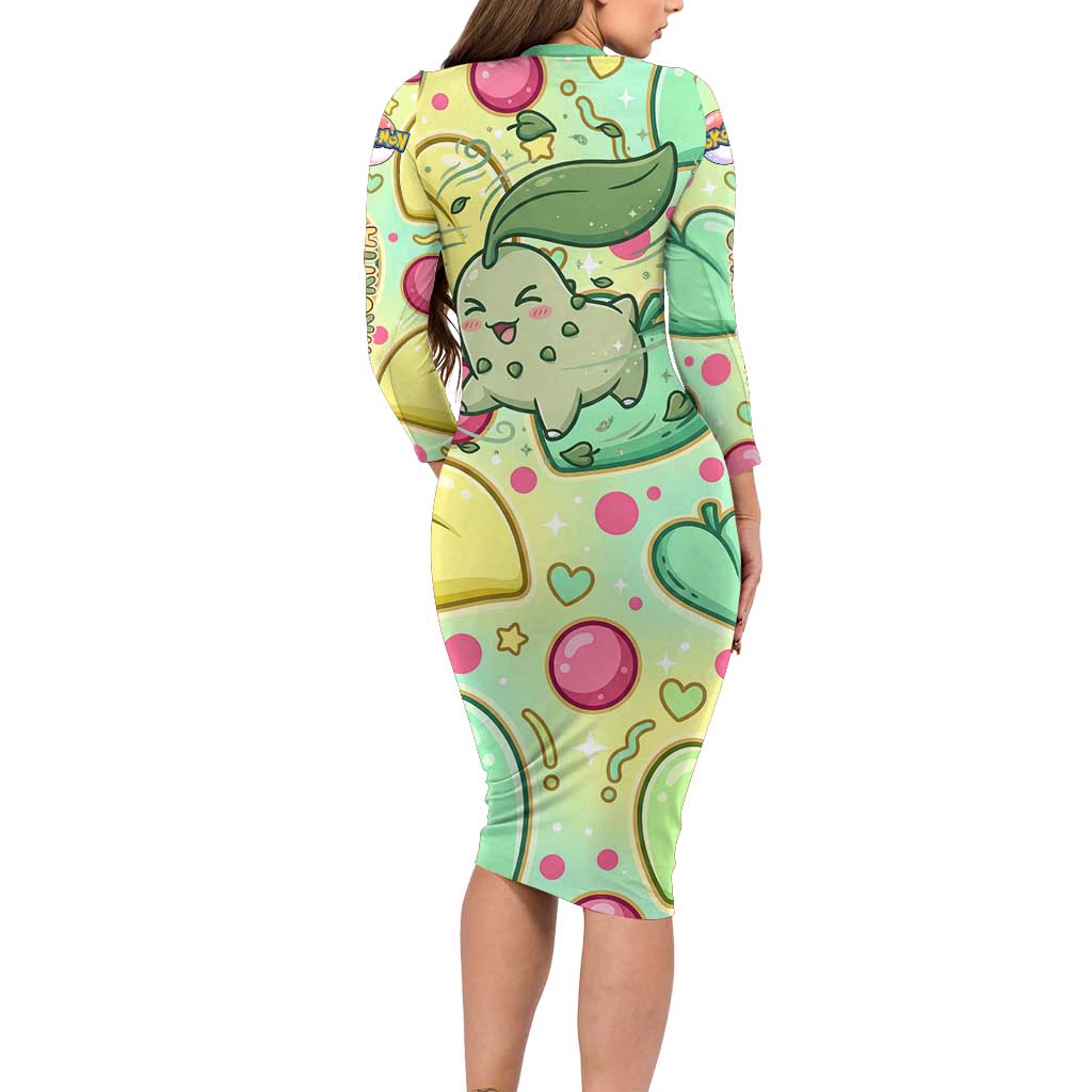 Chikorita Long Sleeve Bodycon Dress Vibrant Pastel Leaf Pop Art