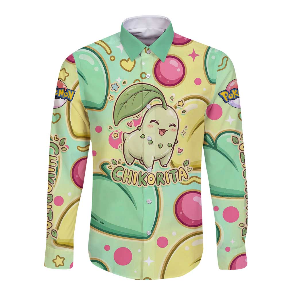 Chikorita Long Sleeve Button Shirt Vibrant Pastel Leaf Pop Art