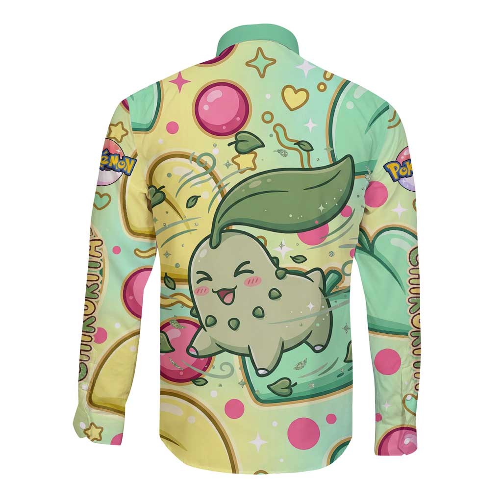 Chikorita Long Sleeve Button Shirt Vibrant Pastel Leaf Pop Art