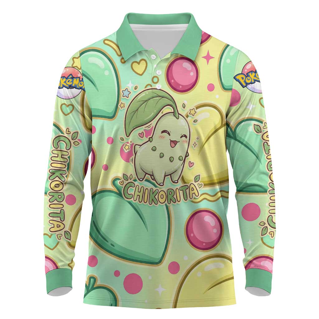 Chikorita Long Sleeve Polo Shirt Vibrant Pastel Leaf Pop Art