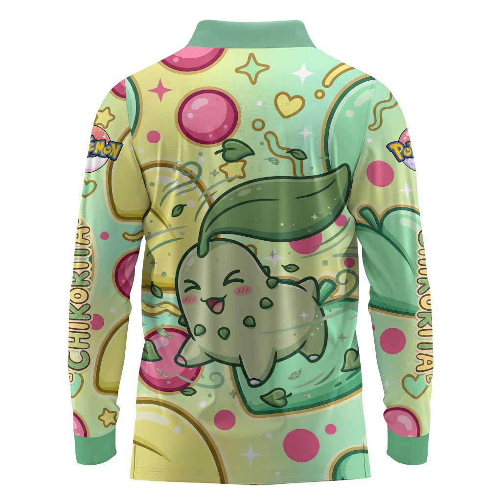 Chikorita Long Sleeve Polo Shirt Vibrant Pastel Leaf Pop Art