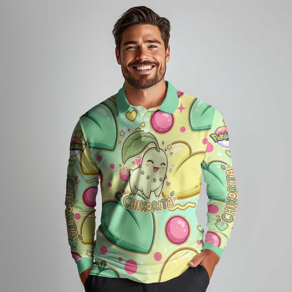 Chikorita Long Sleeve Polo Shirt Vibrant Pastel Leaf Pop Art