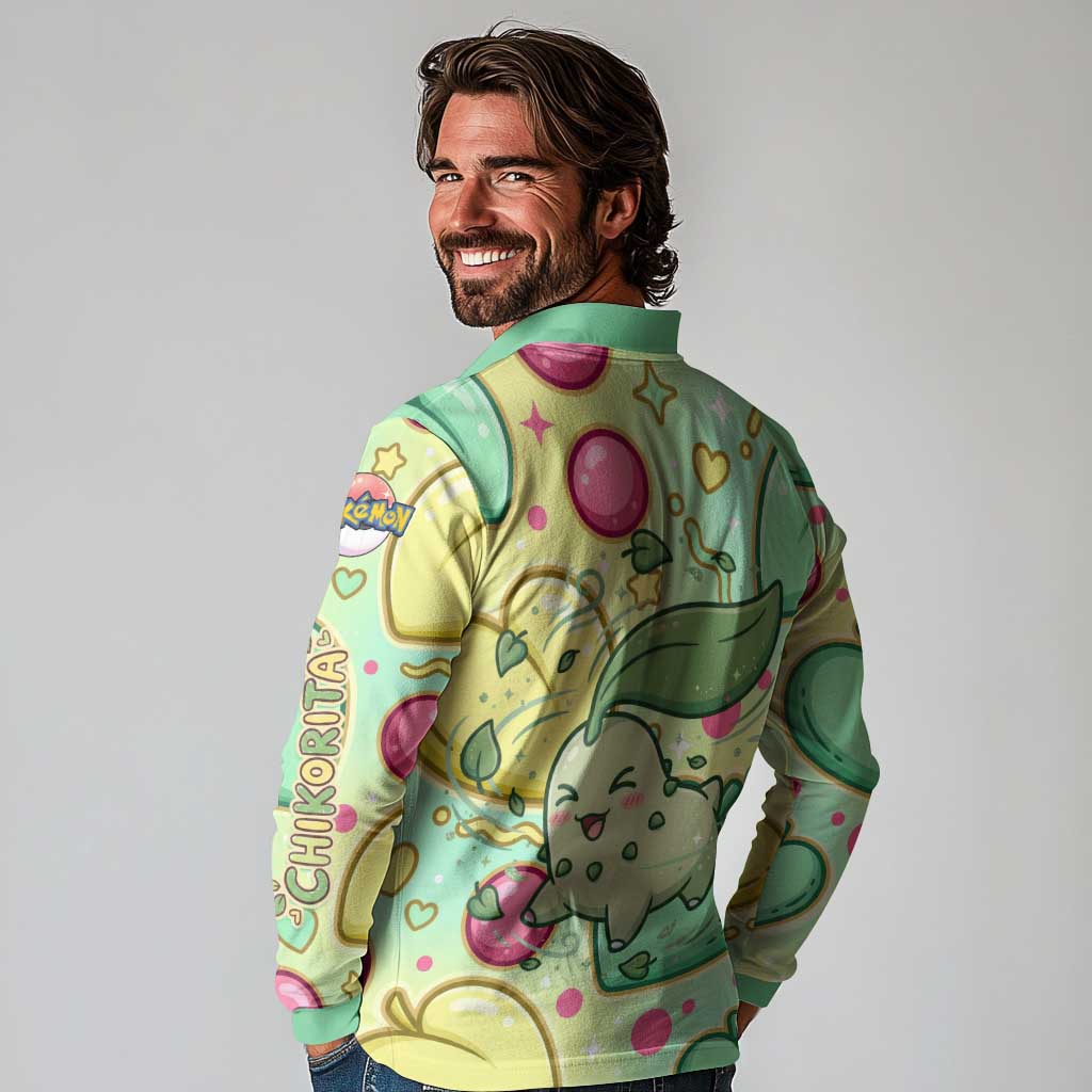 Chikorita Long Sleeve Polo Shirt Vibrant Pastel Leaf Pop Art