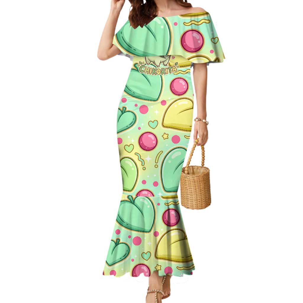 Chikorita Mermaid Dress Vibrant Pastel Leaf Pop Art