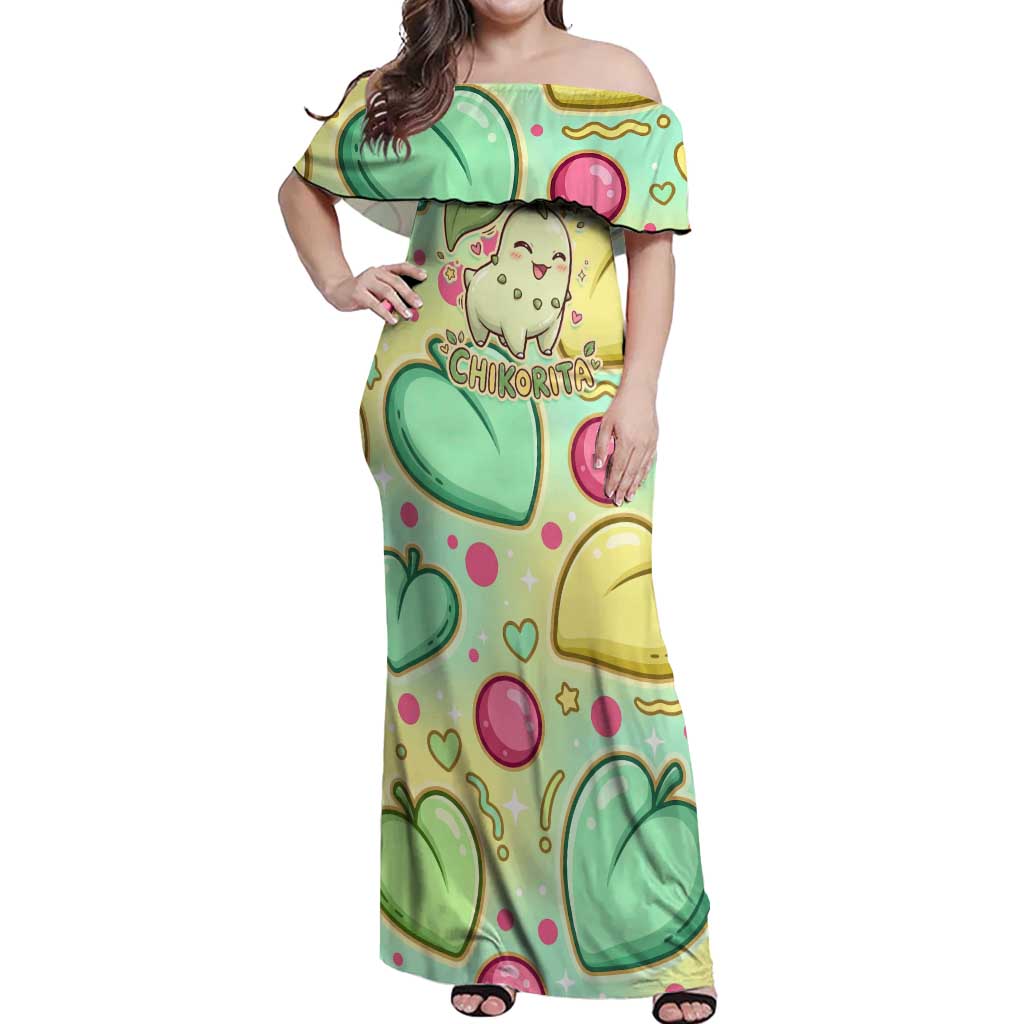 Chikorita Off Shoulder Maxi Dress Vibrant Pastel Leaf Pop Art