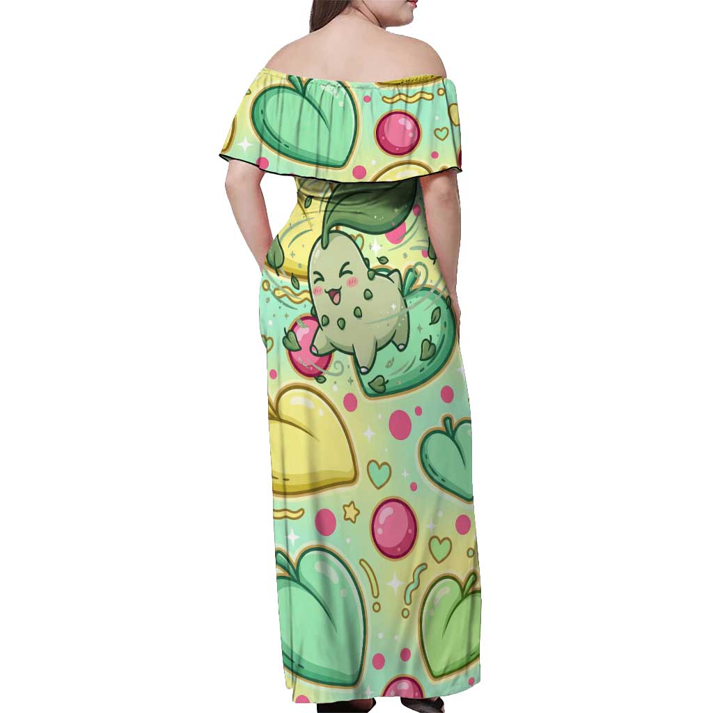 Chikorita Off Shoulder Maxi Dress Vibrant Pastel Leaf Pop Art