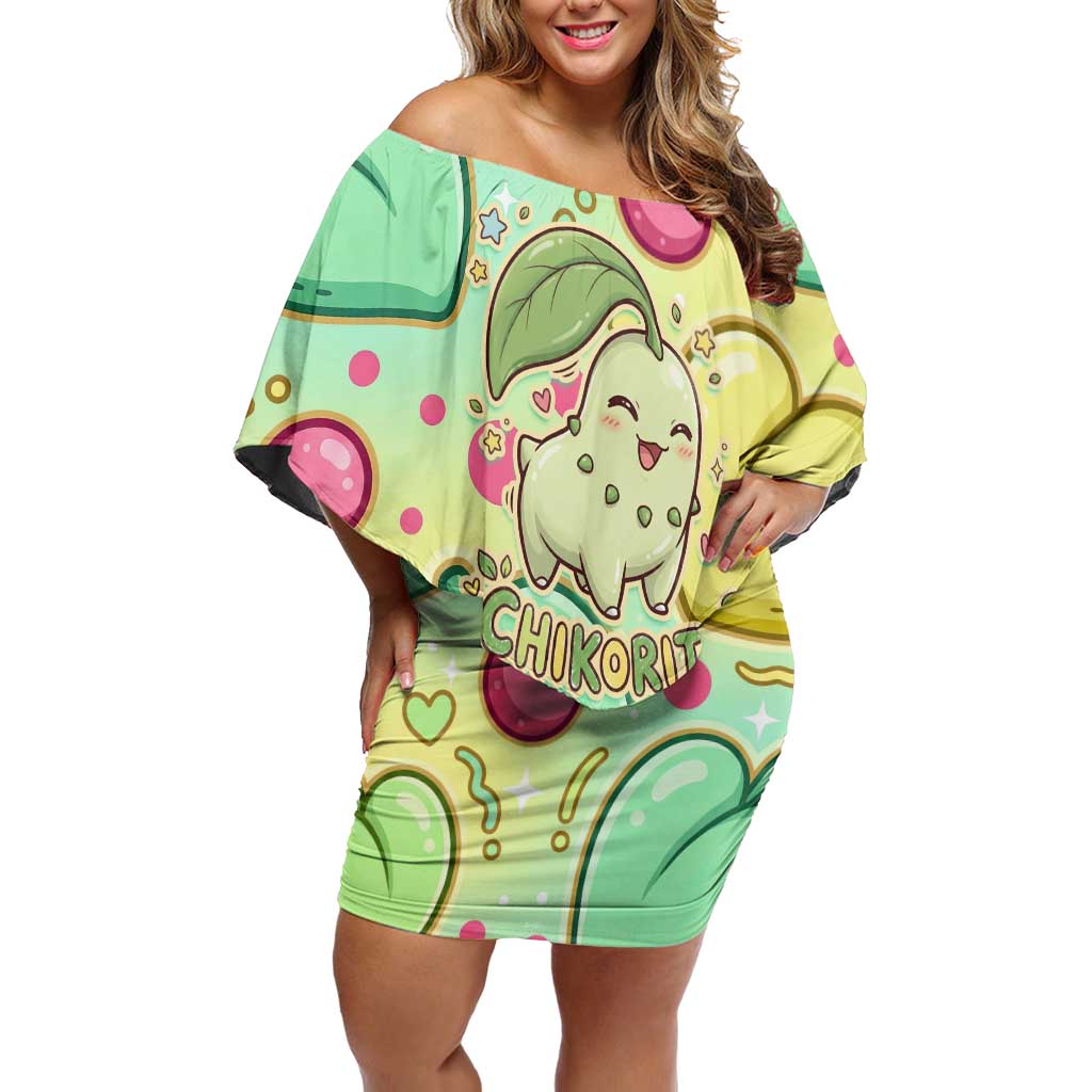 Chikorita Off Shoulder Short Dress Vibrant Pastel Leaf Pop Art