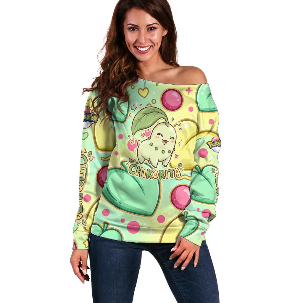 Chikorita Off Shoulder Sweater Vibrant Pastel Leaf Pop Art