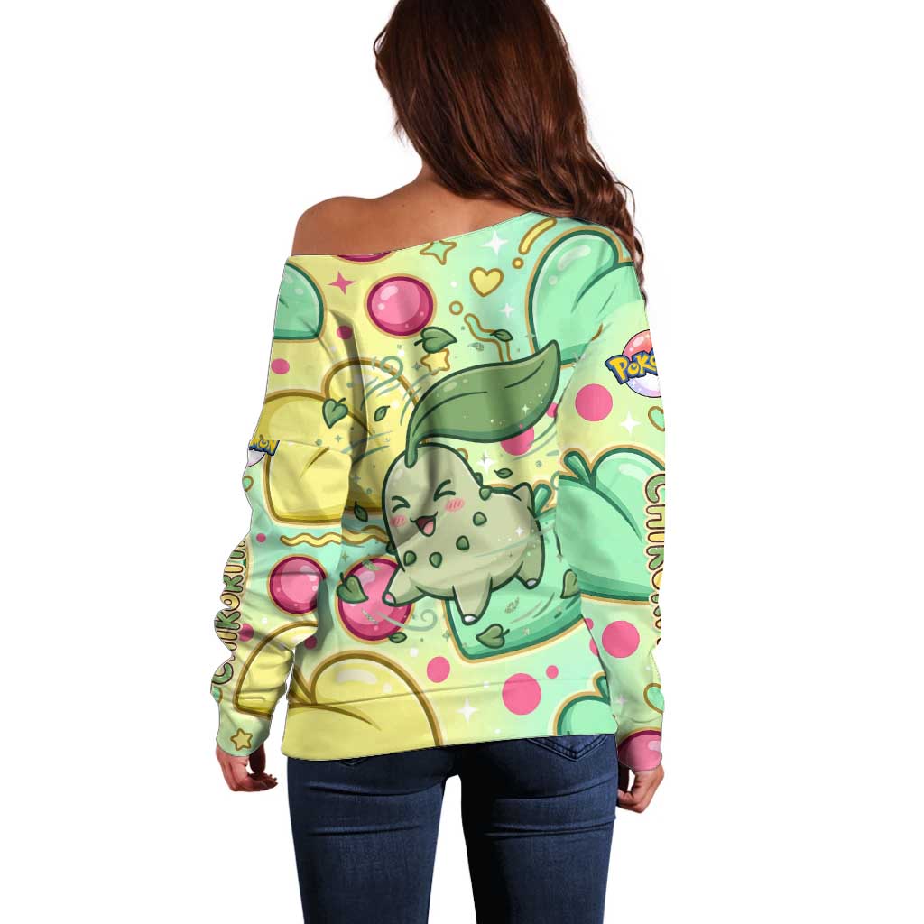 Chikorita Off Shoulder Sweater Vibrant Pastel Leaf Pop Art