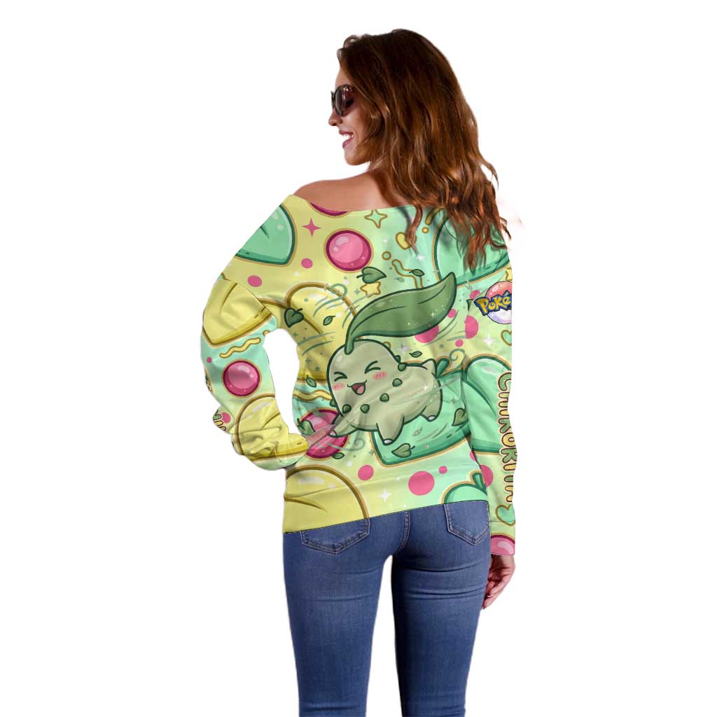 Chikorita Off Shoulder Sweater Vibrant Pastel Leaf Pop Art