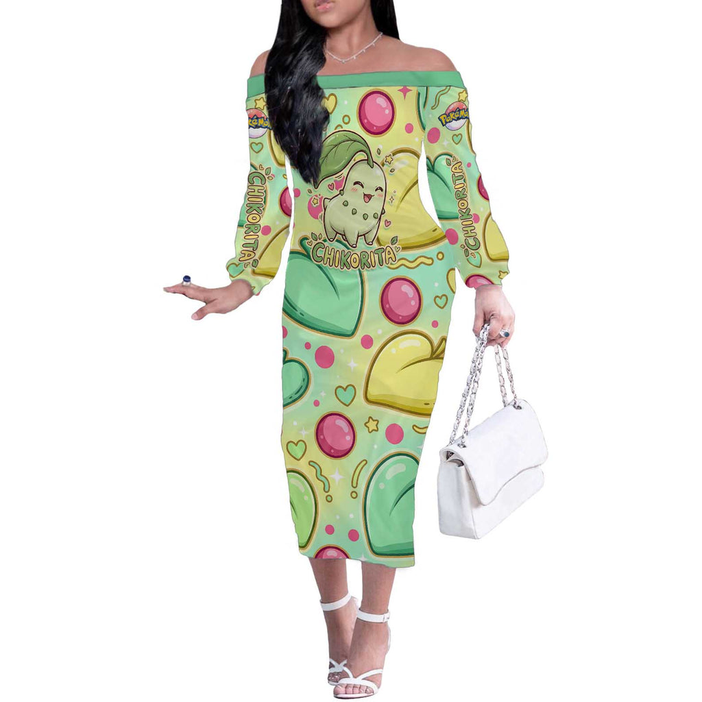 Chikorita Off The Shoulder Long Sleeve Dress Vibrant Pastel Leaf Pop Art