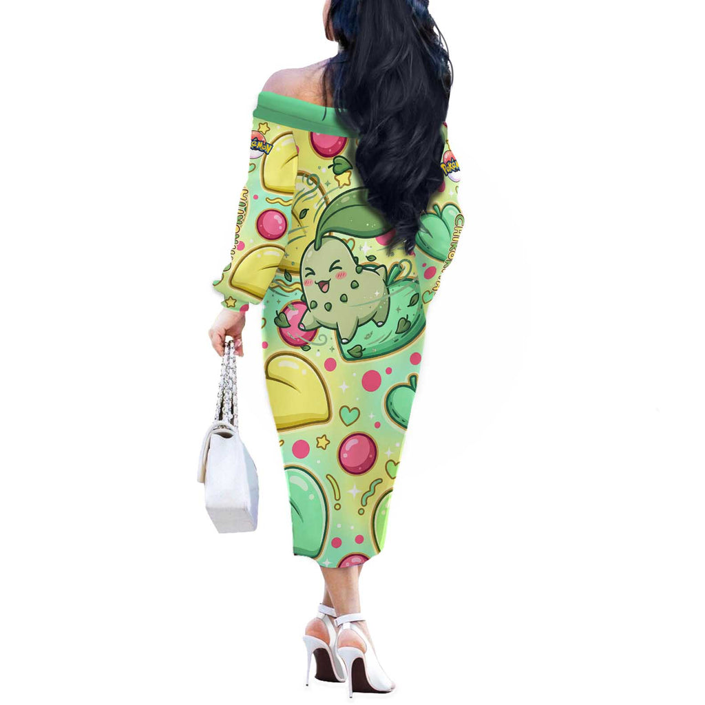 Chikorita Off The Shoulder Long Sleeve Dress Vibrant Pastel Leaf Pop Art