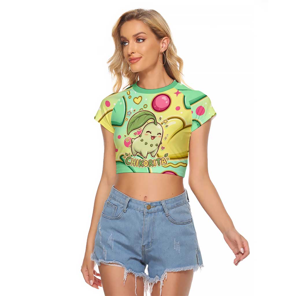 Chikorita Raglan Cropped T Shirt Vibrant Pastel Leaf Pop Art