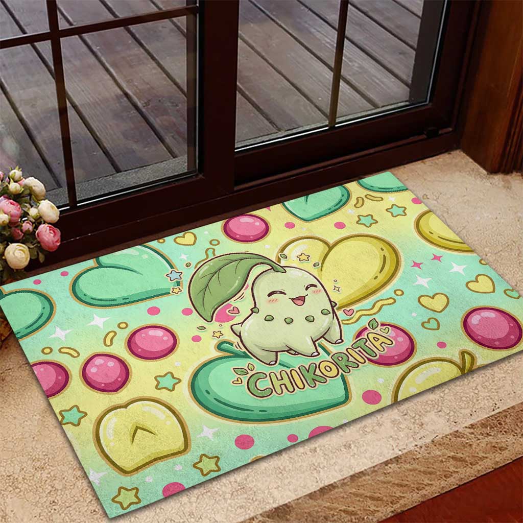 Chikorita Rubber Doormat Vibrant Pastel Leaf Pop Art