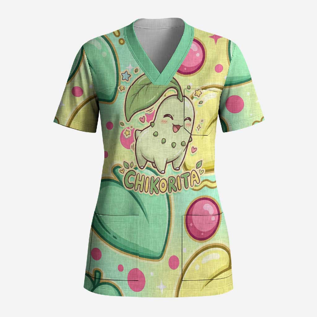 Chikorita Scrub Top Vibrant Pastel Leaf Pop Art