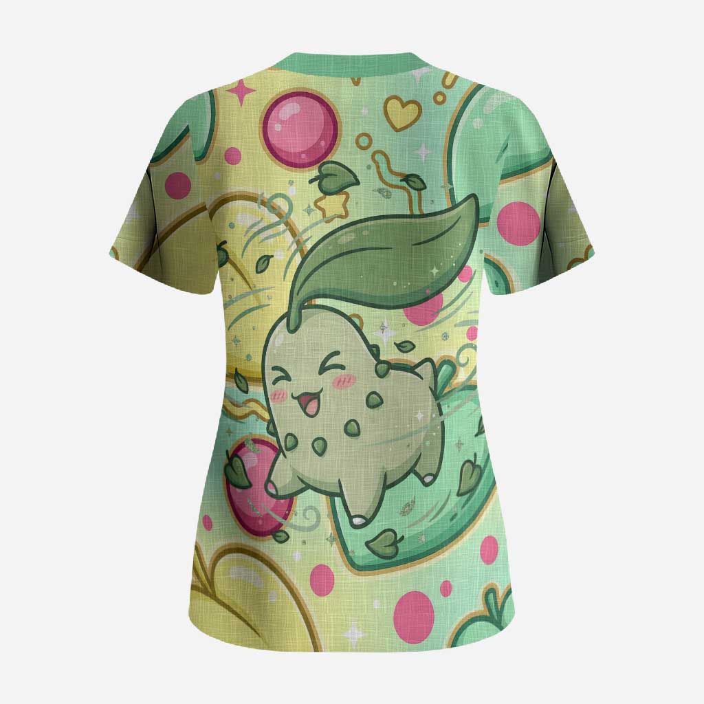 Chikorita Scrub Top Vibrant Pastel Leaf Pop Art