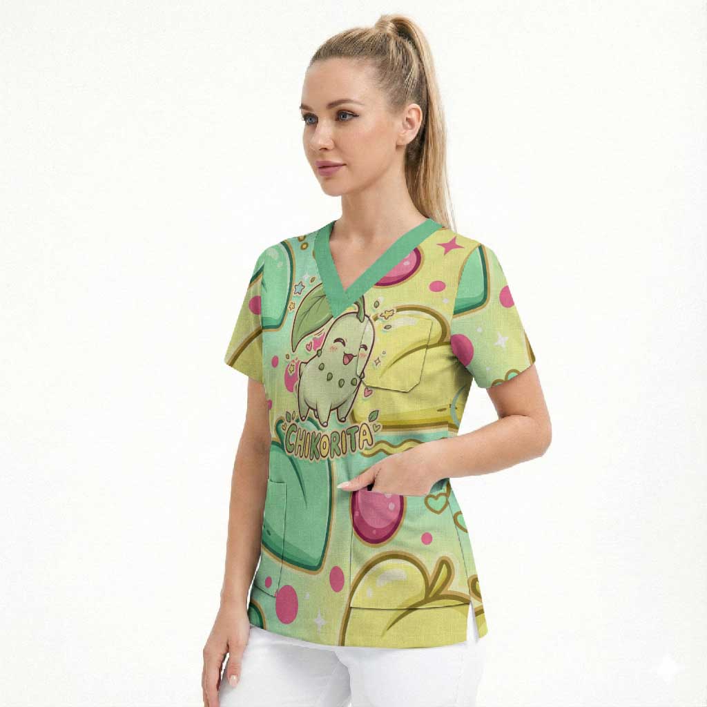 Chikorita Scrub Top Vibrant Pastel Leaf Pop Art