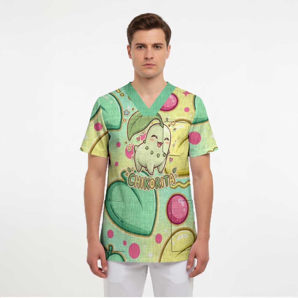Chikorita Scrub Top Vibrant Pastel Leaf Pop Art