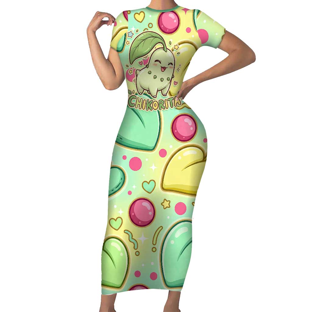 Chikorita Short Sleeve Bodycon Dress Vibrant Pastel Leaf Pop Art
