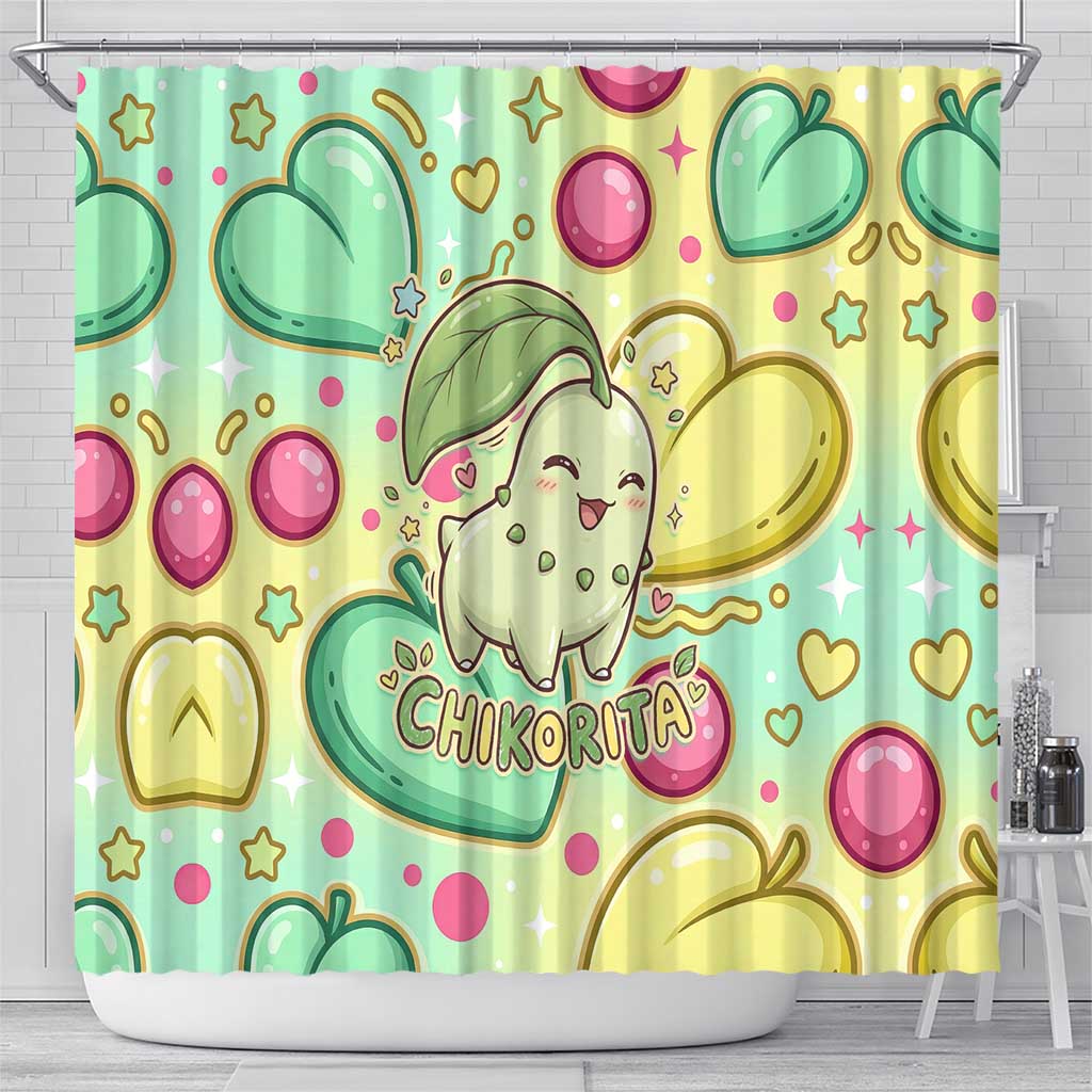 Chikorita Shower Curtain Vibrant Pastel Leaf Pop Art