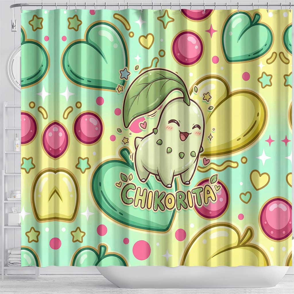 Chikorita Shower Curtain Vibrant Pastel Leaf Pop Art