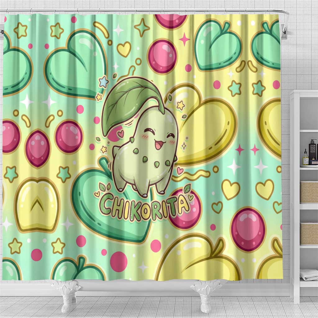 Chikorita Shower Curtain Vibrant Pastel Leaf Pop Art