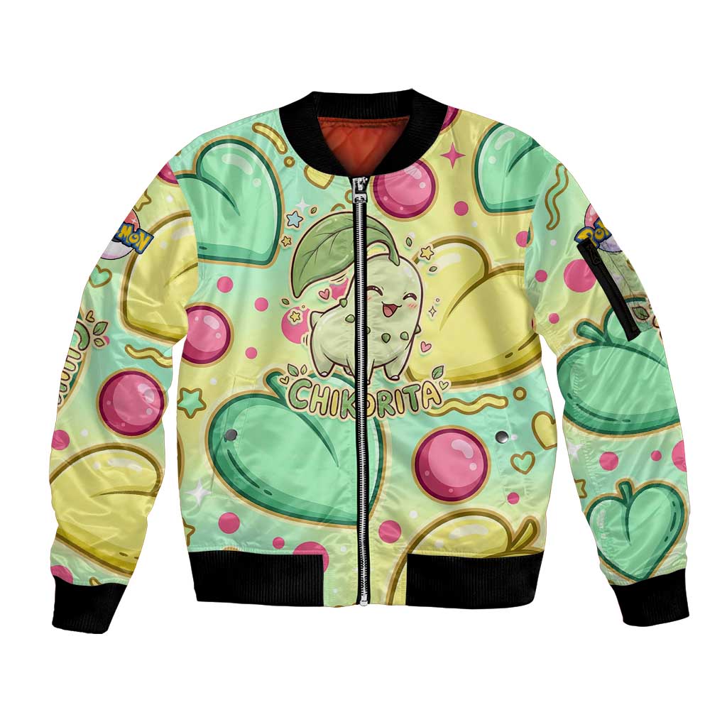 Chikorita Sleeve Zip Bomber Jacket Vibrant Pastel Leaf Pop Art