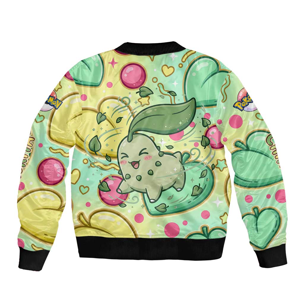 Chikorita Sleeve Zip Bomber Jacket Vibrant Pastel Leaf Pop Art