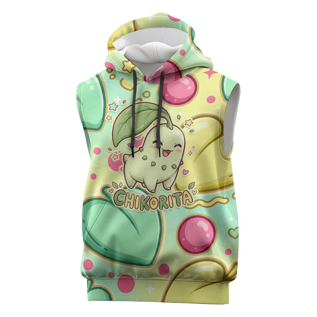 Chikorita Sleeveless Hoodie Vibrant Pastel Leaf Pop Art
