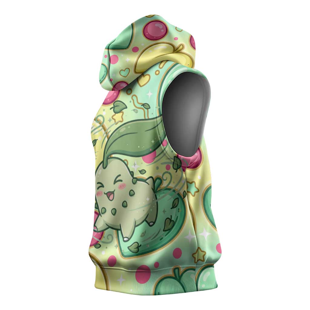 Chikorita Sleeveless Hoodie Vibrant Pastel Leaf Pop Art
