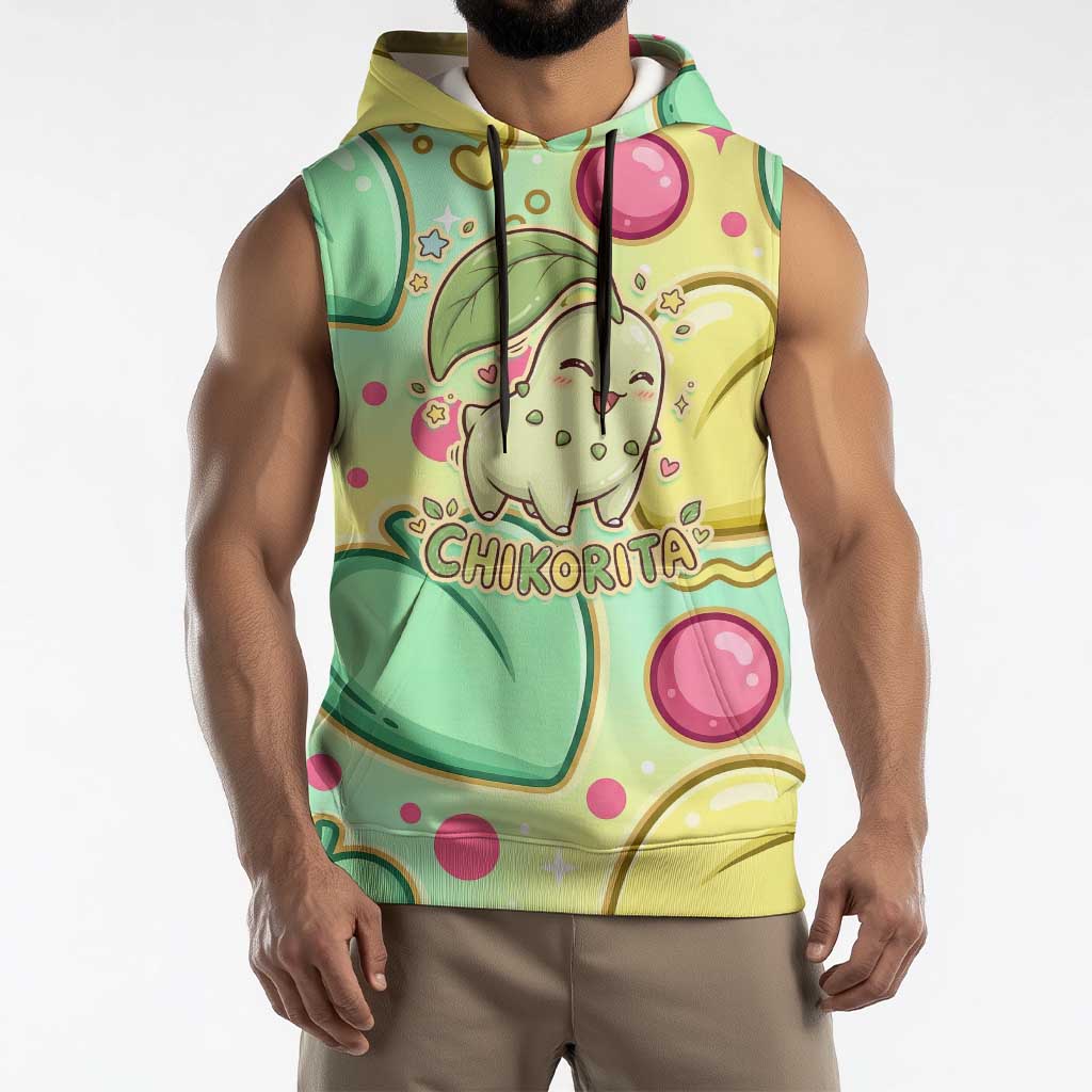 Chikorita Sleeveless Hoodie Vibrant Pastel Leaf Pop Art