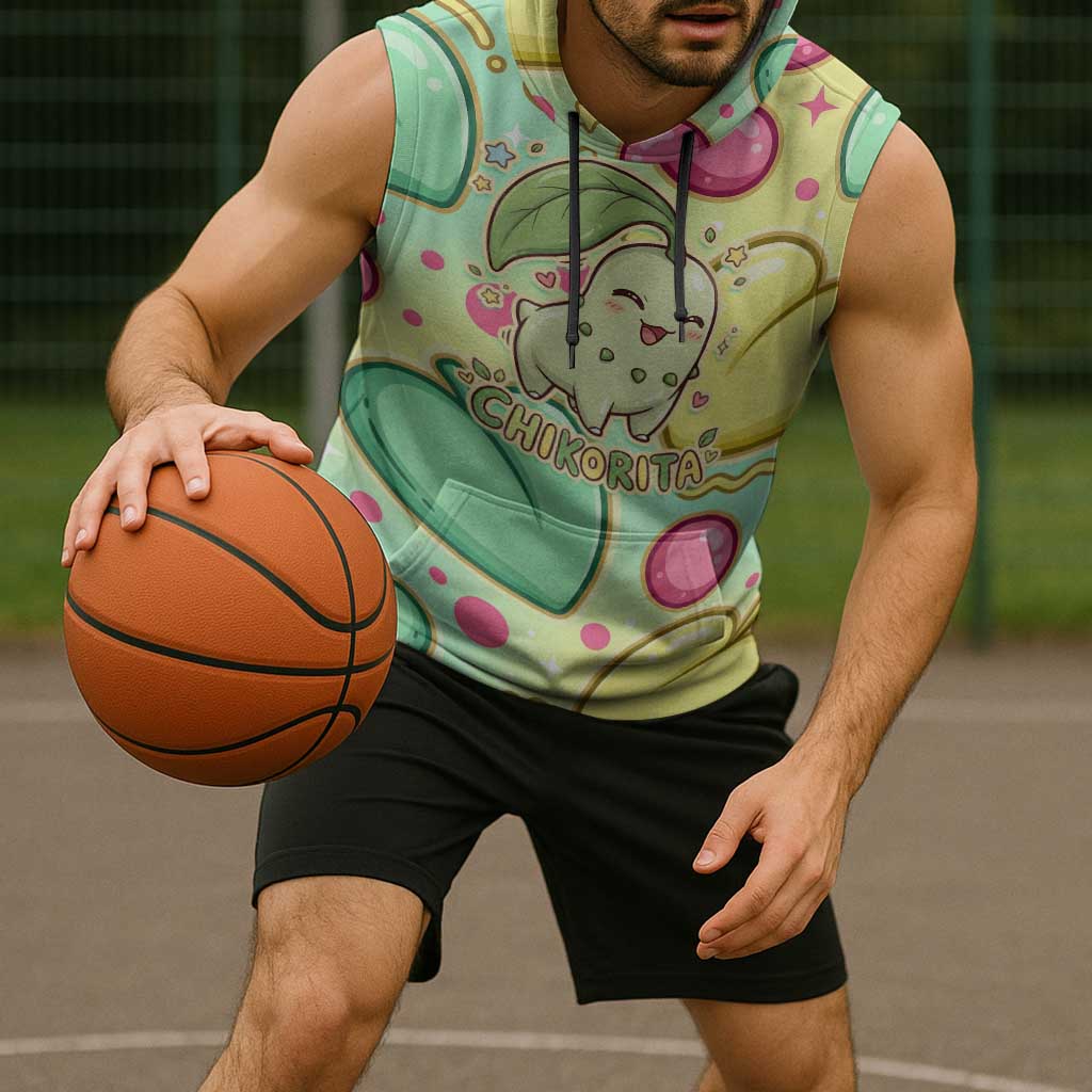 Chikorita Sleeveless Hoodie Vibrant Pastel Leaf Pop Art