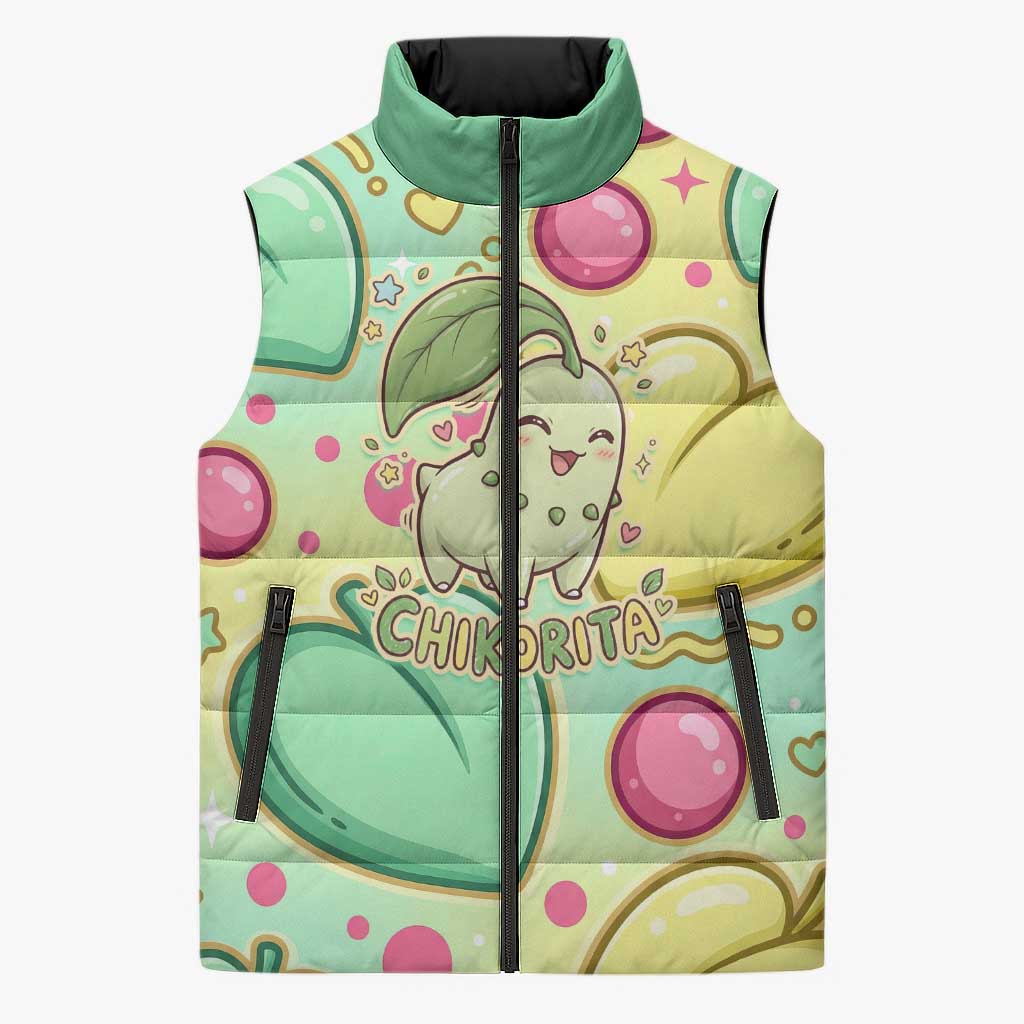 Chikorita Sleeveless Puffer Jacket Vibrant Pastel Leaf Pop Art