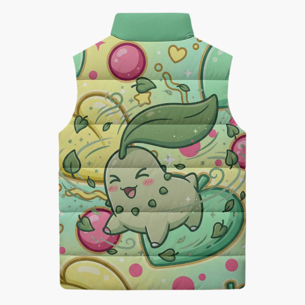 Chikorita Sleeveless Puffer Jacket Vibrant Pastel Leaf Pop Art