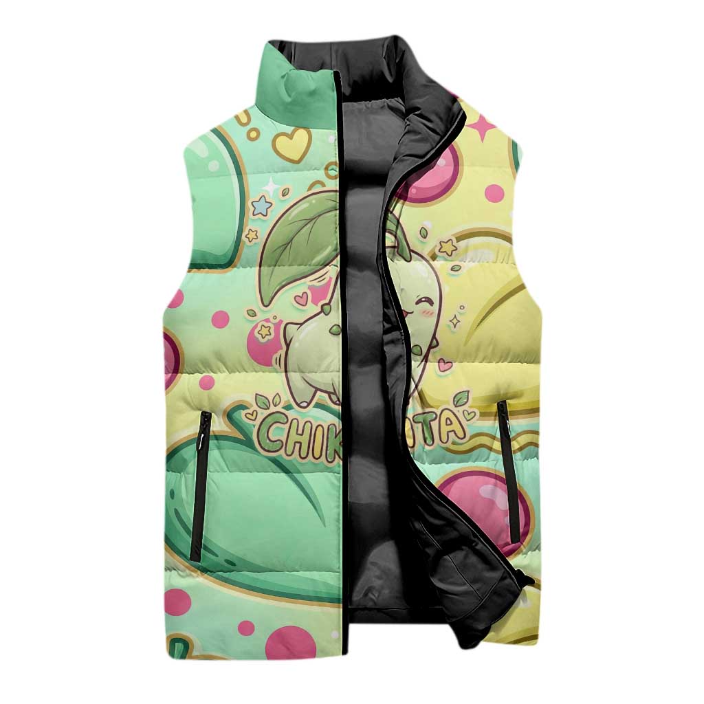 Chikorita Sleeveless Puffer Jacket Vibrant Pastel Leaf Pop Art