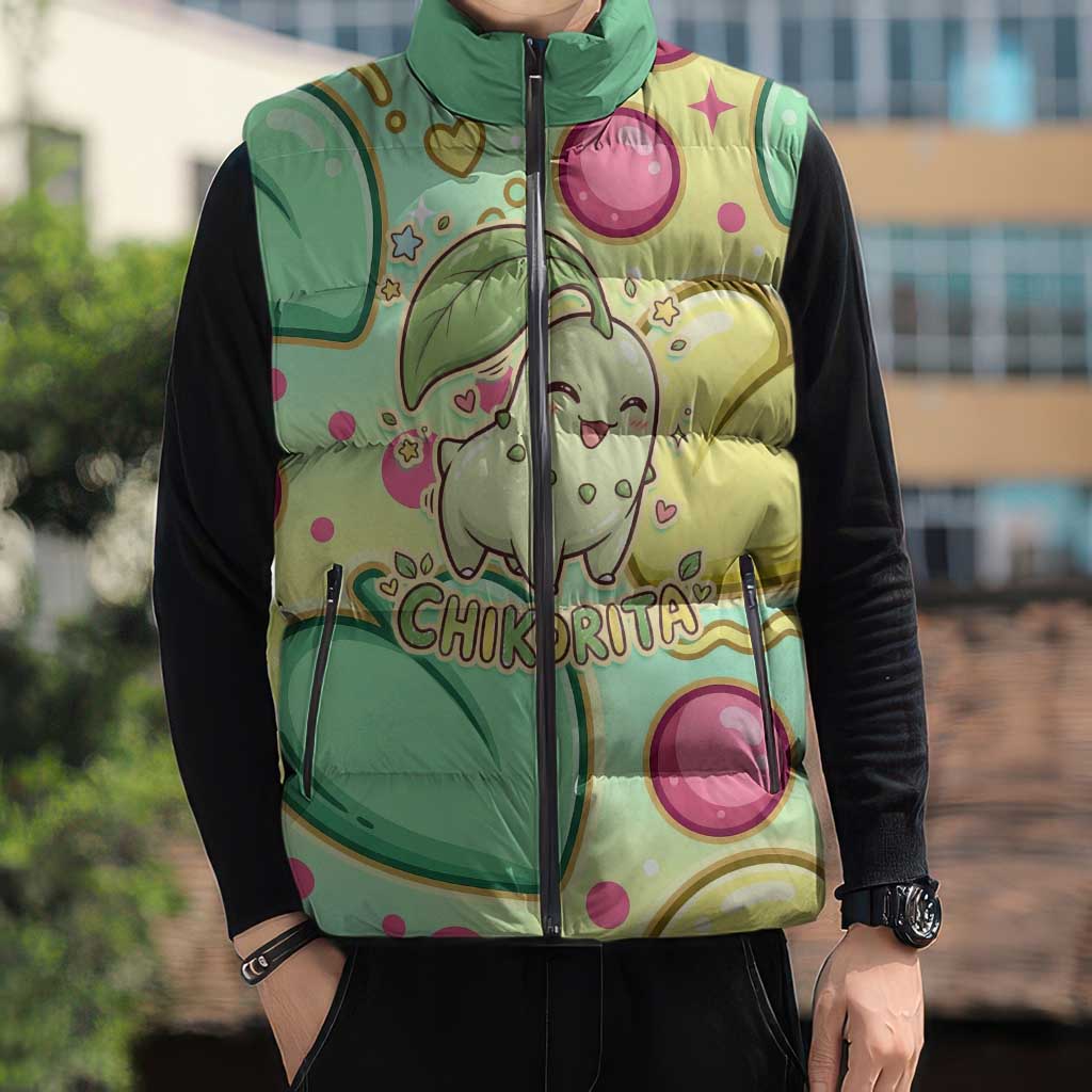Chikorita Sleeveless Puffer Jacket Vibrant Pastel Leaf Pop Art