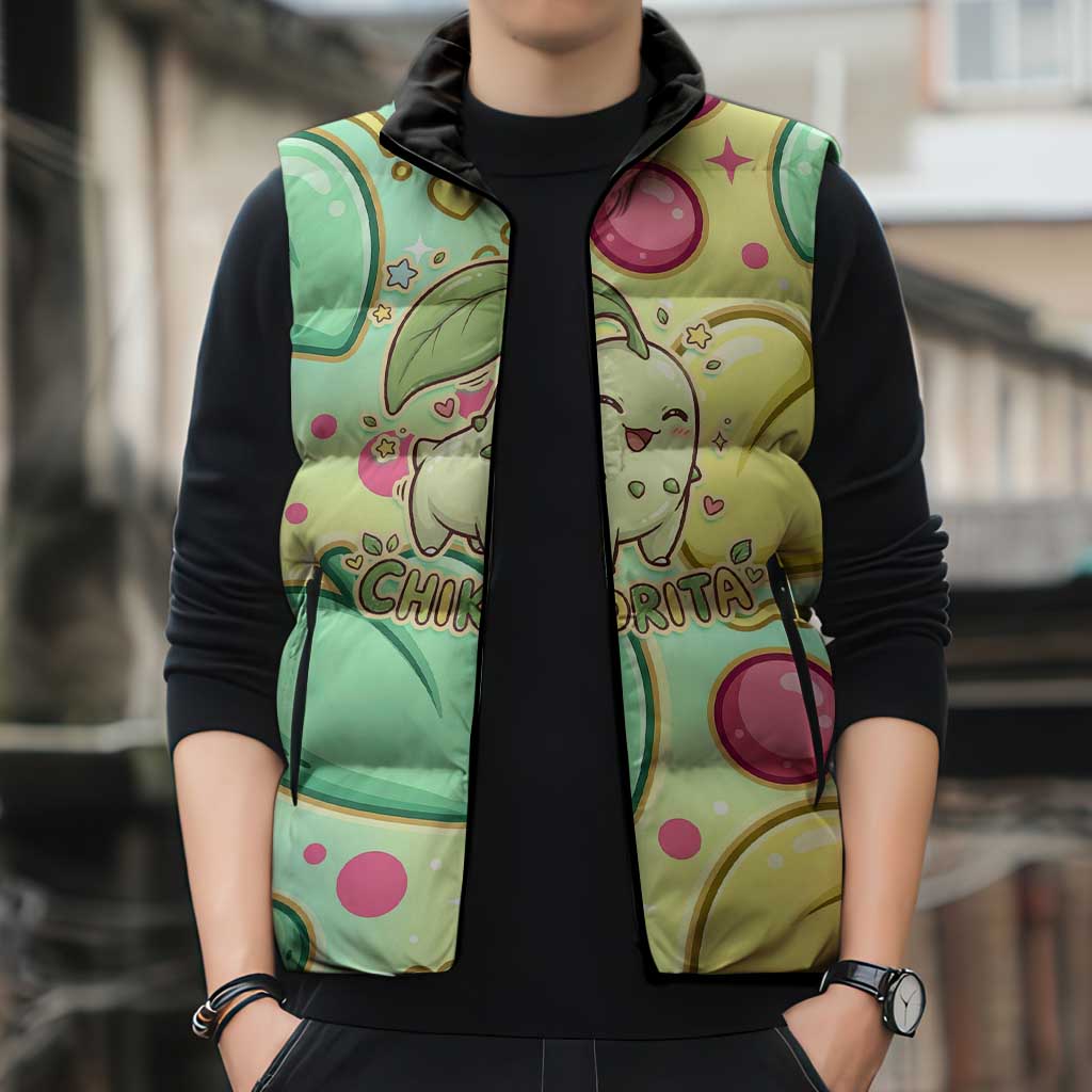 Chikorita Sleeveless Puffer Jacket Vibrant Pastel Leaf Pop Art