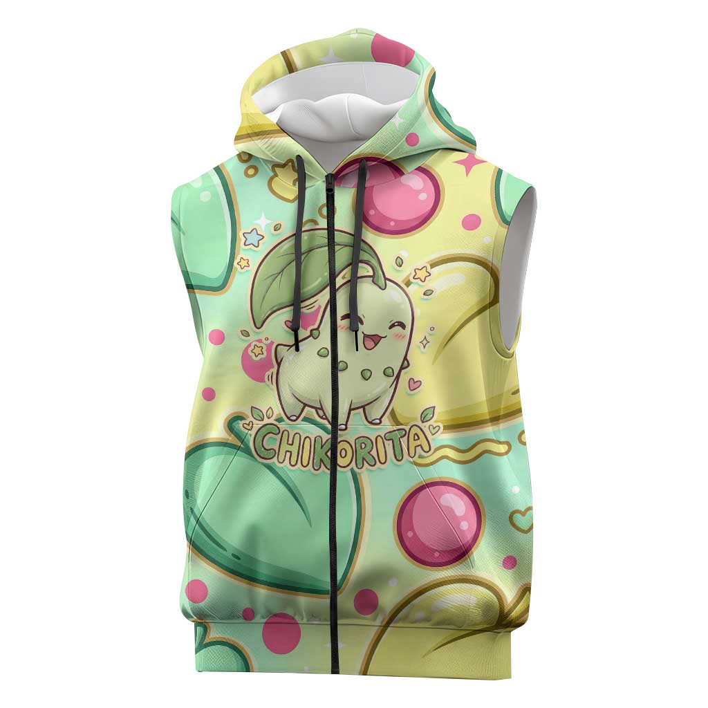 Chikorita Sleeveless Zip Hoodie Vibrant Pastel Leaf Pop Art