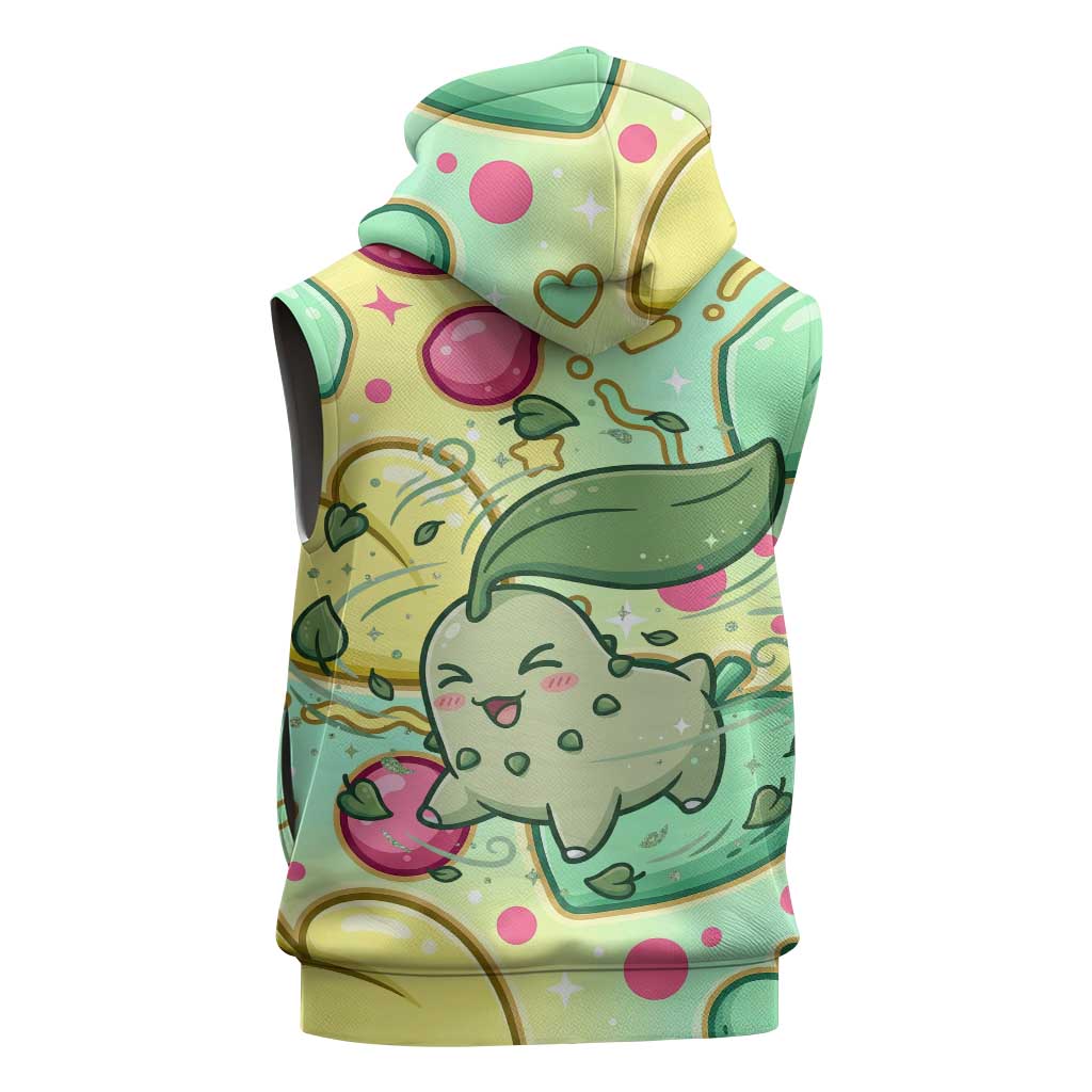 Chikorita Sleeveless Zip Hoodie Vibrant Pastel Leaf Pop Art