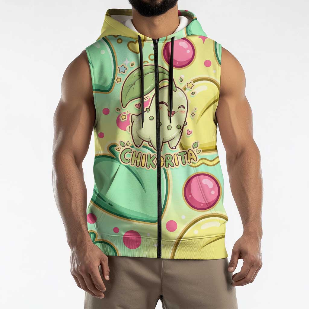 Chikorita Sleeveless Zip Hoodie Vibrant Pastel Leaf Pop Art