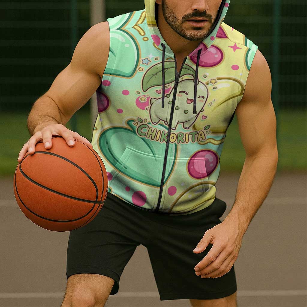 Chikorita Sleeveless Zip Hoodie Vibrant Pastel Leaf Pop Art