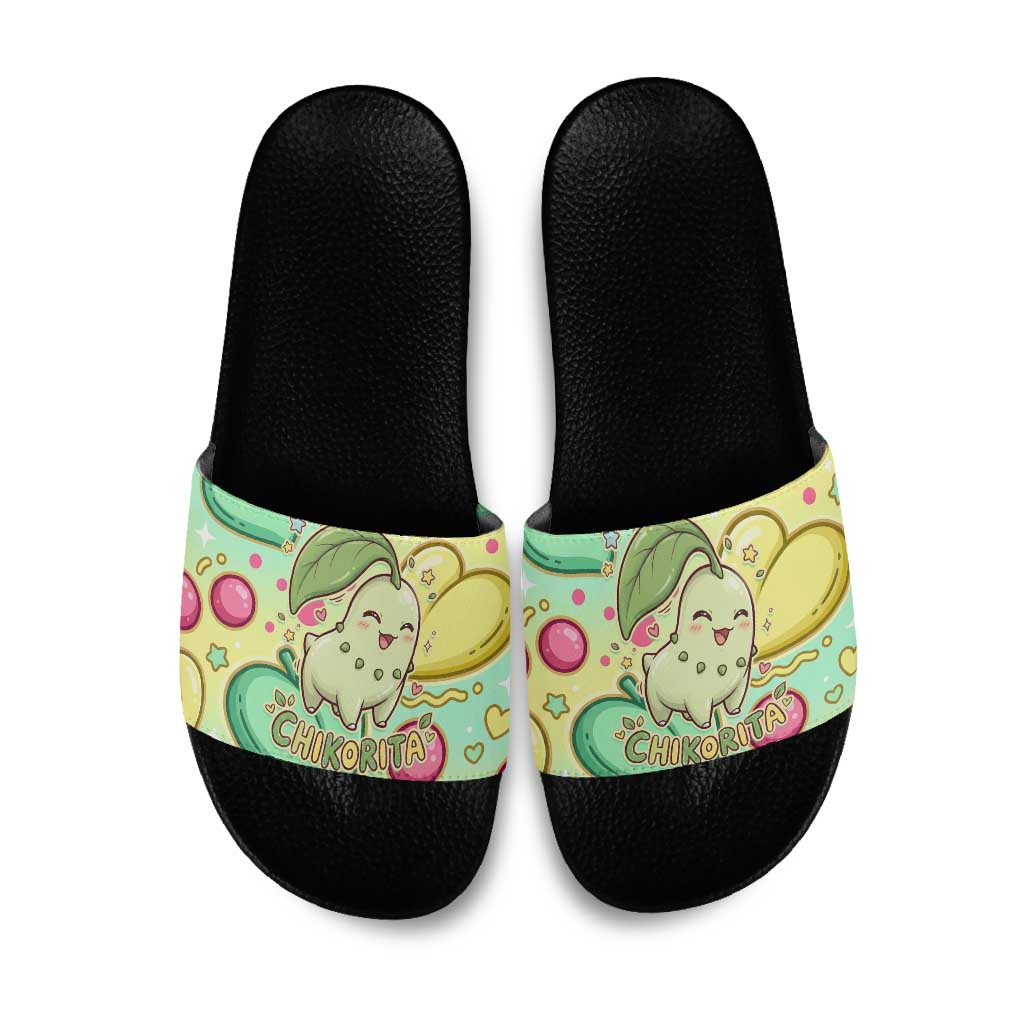 Chikorita Slide Sandals Vibrant Pastel Leaf Pop Art