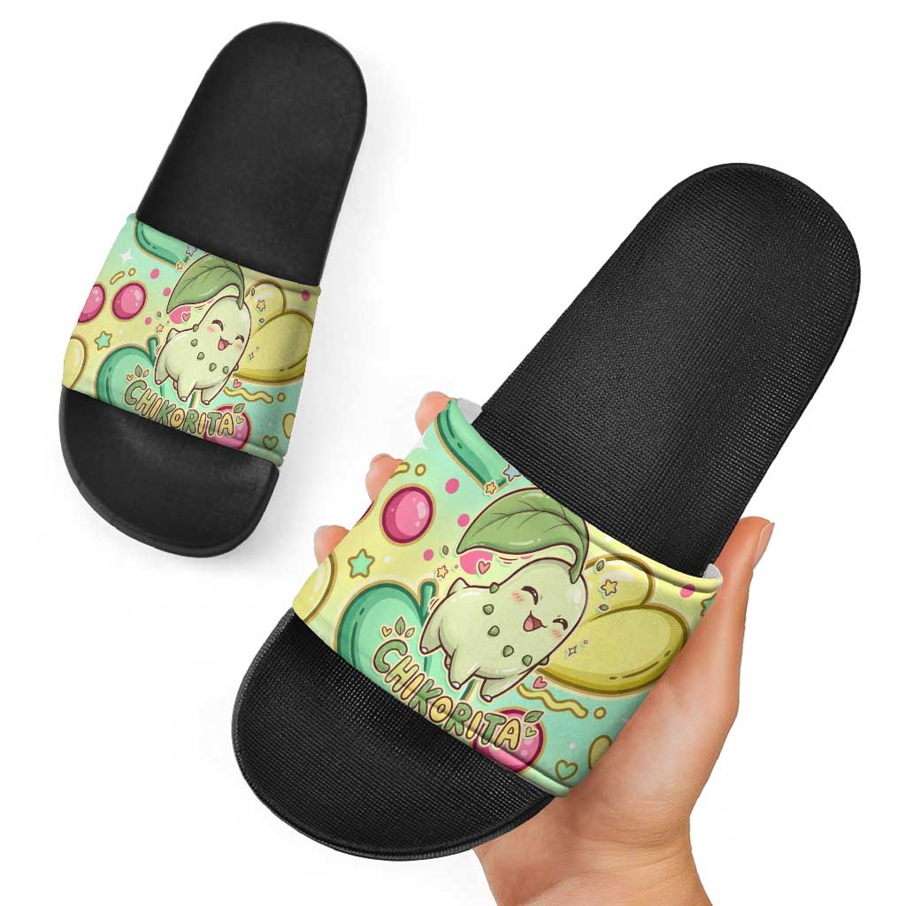 Chikorita Slide Sandals Vibrant Pastel Leaf Pop Art