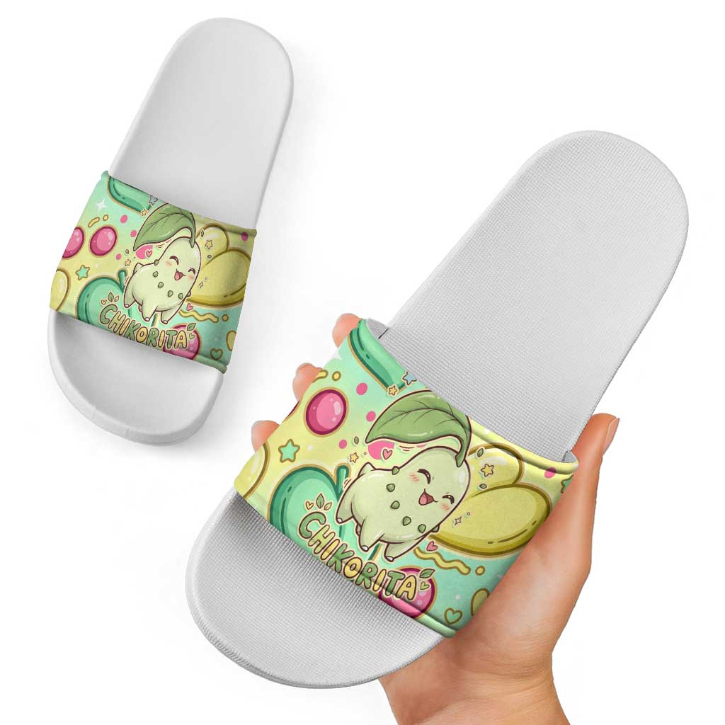Chikorita Slide Sandals Vibrant Pastel Leaf Pop Art