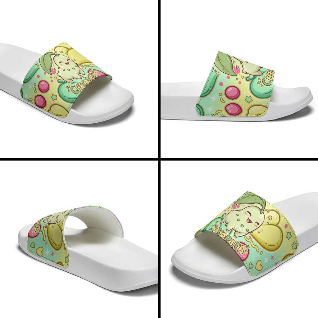 Chikorita Slide Sandals Vibrant Pastel Leaf Pop Art