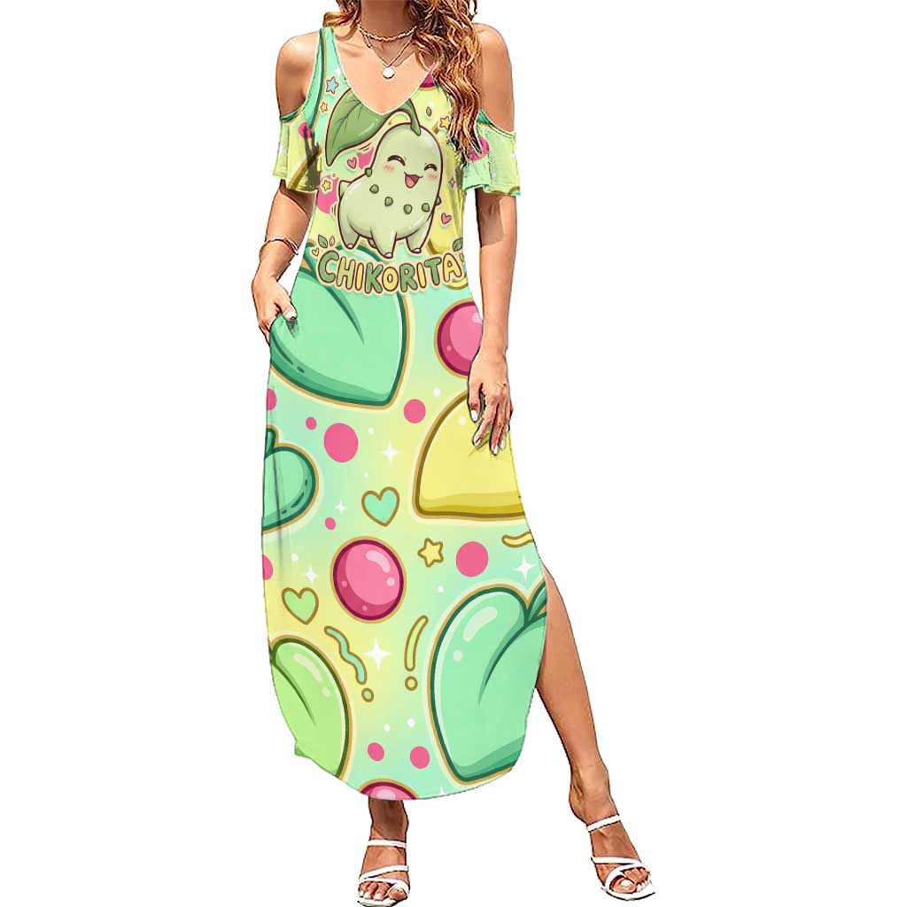 Chikorita Summer Maxi Dress Vibrant Pastel Leaf Pop Art