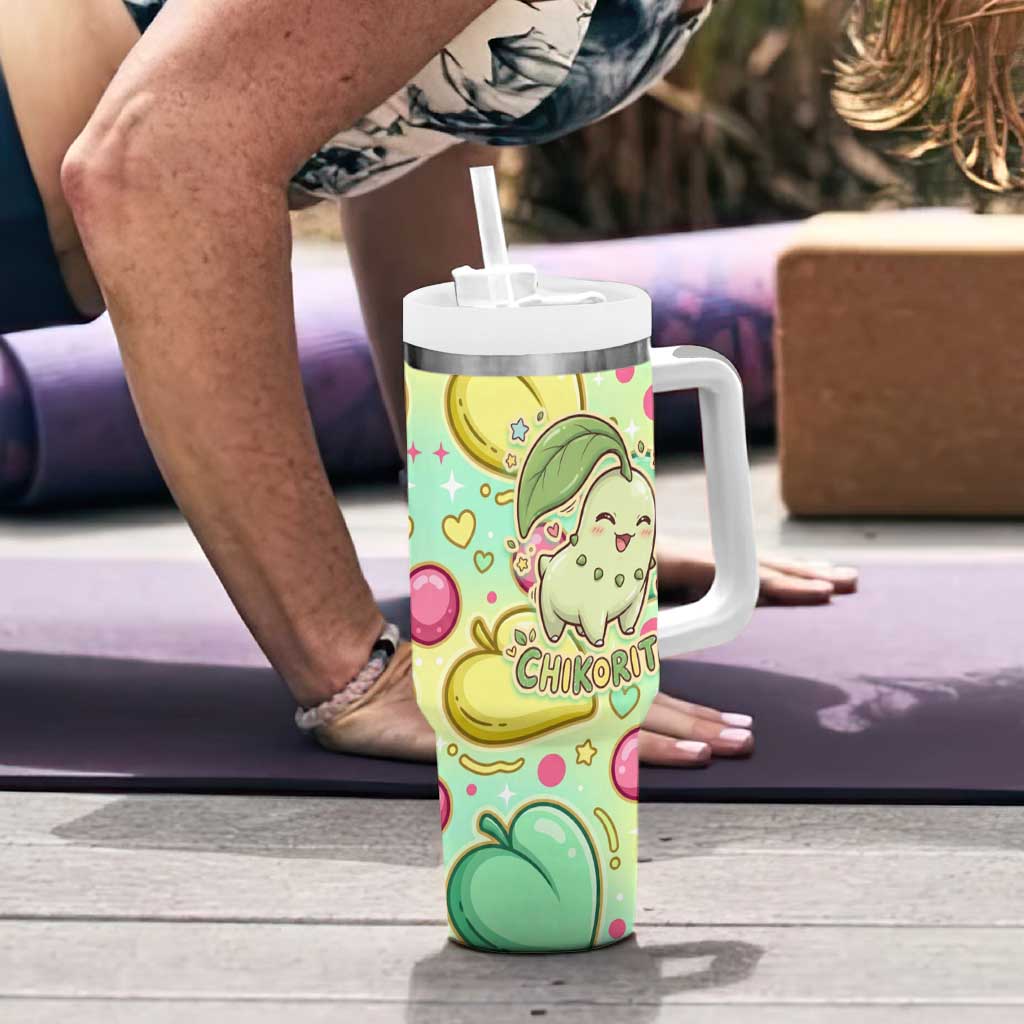 Chikorita Tumbler With Handle Vibrant Pastel Leaf Pop Art