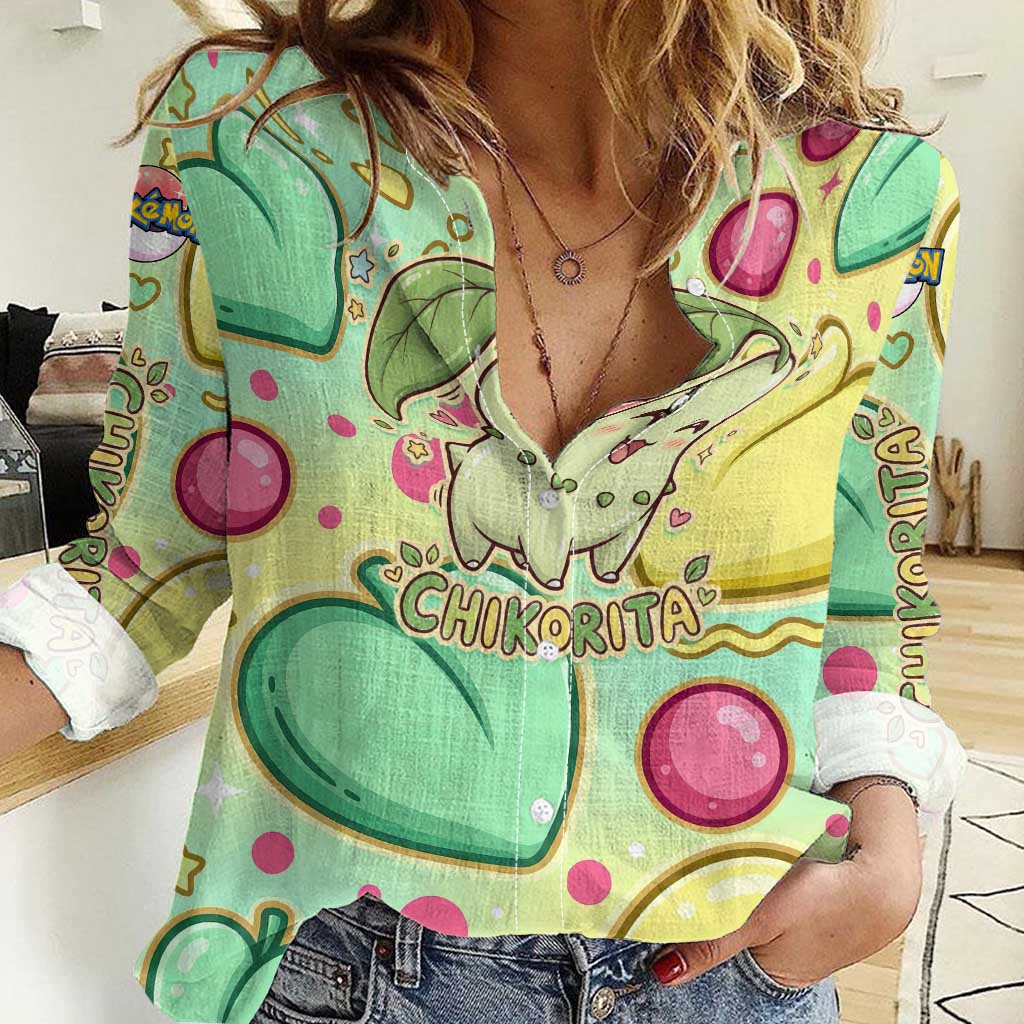 Chikorita Women Casual Shirt Vibrant Pastel Leaf Pop Art